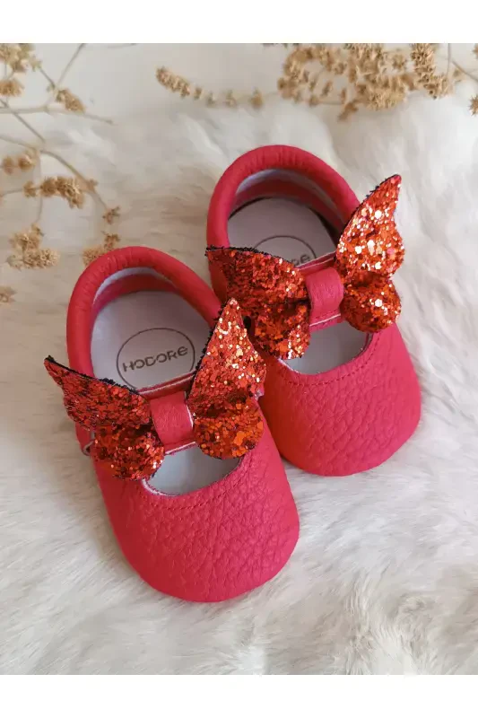 Alice Kelebek Taşlı Kırmızı Hakiki Deri Bebek Mokasen-Kırmızı Kelebek - HODORE