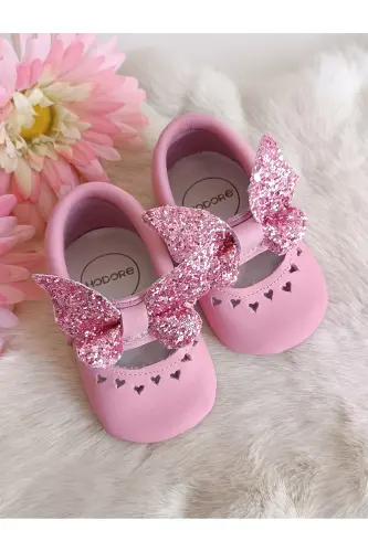 Alice Kelebek Taşlı Pembe Hakiki Deri Bebek Mokasen-Pembe Kelebek 