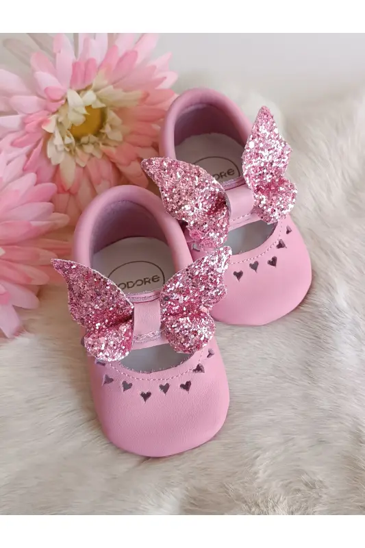 Alice Kelebek Taşlı Pembe Hakiki Deri Bebek Mokasen-Pembe Kelebek - 3