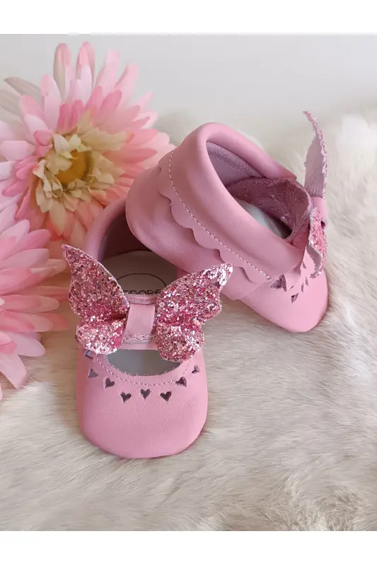 Alice Kelebek Taşlı Pembe Hakiki Deri Bebek Mokasen - Pembe Kelebek - 4