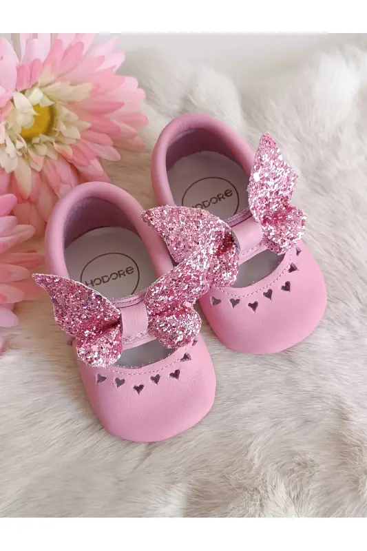 Alice Kelebek Taşlı Pembe Hakiki Deri Bebek Mokasen-Pembe Kelebek - HODORE