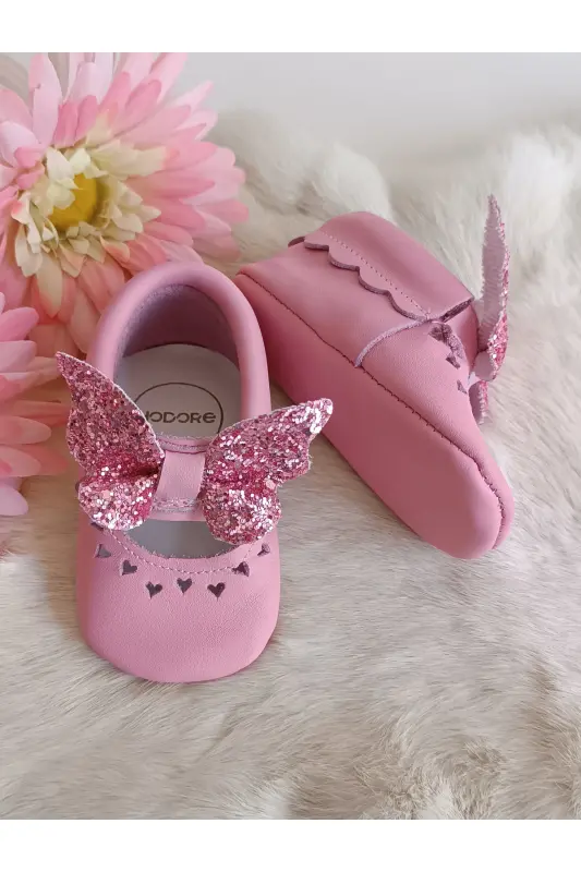 Alice Kelebek Taşlı Pembe Hakiki Deri Bebek Mokasen-Pembe Kelebek - 5