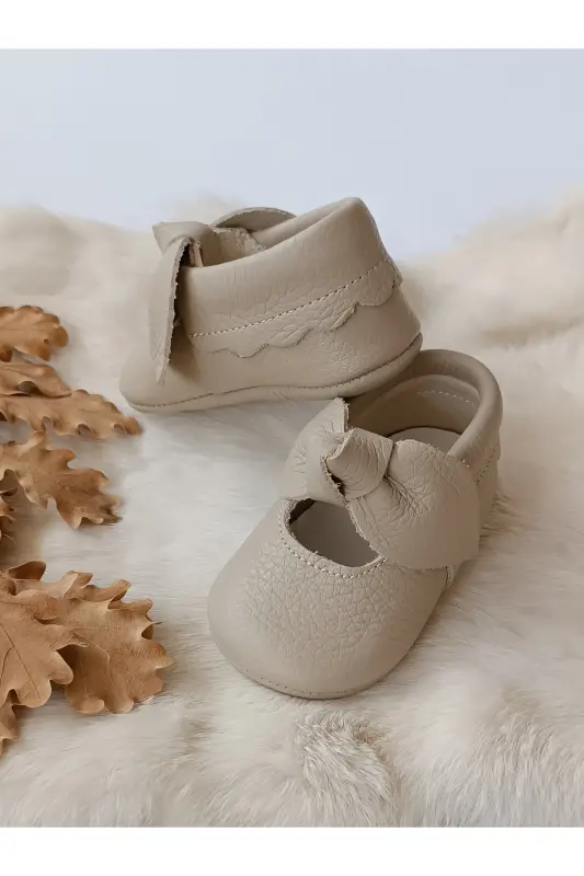 Alice Koyu Krem Haqiqiy Charmdan Ishlangan Chaqaloq Mokasin Poyabzal-Koyu Krem - 2