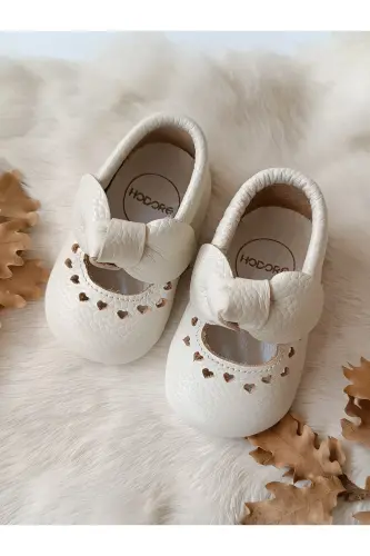 Alice Ribboned Ecru Genuine Leather Baby Moccasin Booties-Ribboned Ecru 