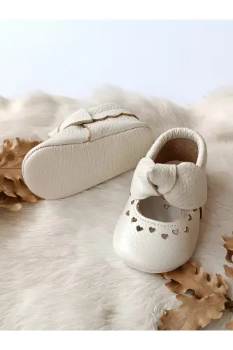 Alice Ribboned Ecru Genuine Leather Baby Moccasin Booties-Ribboned Ecru - 3