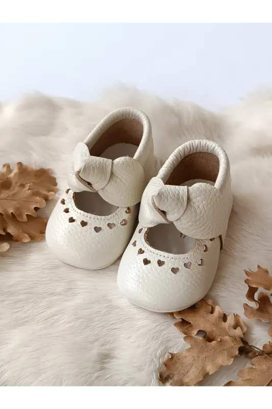 Alice Ribboned Ecru Genuine Leather Baby Moccasin Booties-Ribboned Ecru - 4