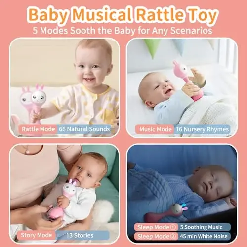 alilo Smarty Bunny Baby Rattle Musical Light Up Toys, Infants Newborns Baby Toys 0-3-6-12-18-24 Months,1 Year Old Boy Girl Easter Gifts, 4 Music Modes and Color Recognition Function with 9 Color Card - 4