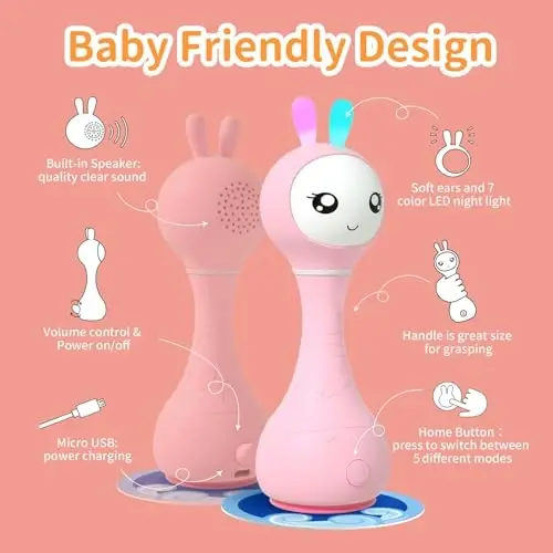 alilo Smarty Bunny Baby Rattle Musical Light Up Toys, Infants Newborns Baby Toys 0-3-6-12-18-24 Months,1 Year Old Boy Girl Easter Gifts, 4 Music Modes and Color Recognition Function with 9 Color Card 