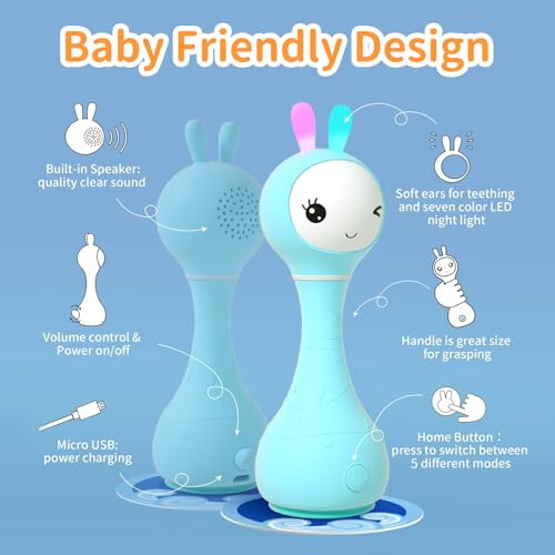 Alilo Smarty Bunny Детская погремушка с музыкальным светодиодным освещением, игрушки для младенцев и новорожденных 0-3-6-12-18-24 месяцев, подарки для детей в возрасте 1 года, 4 музыкальных режима и функция распознавания цвета с 9 цветными карточками - 4