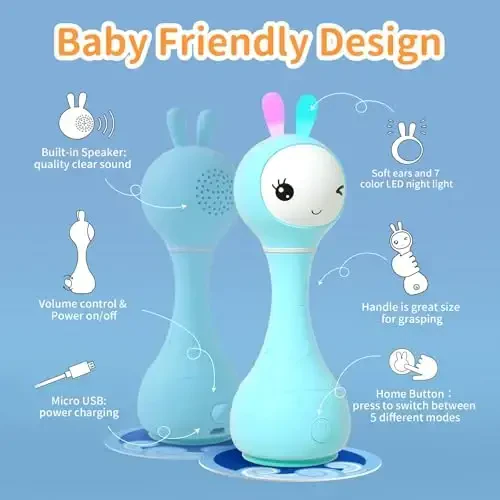 Alilo Smarty Bunny Детская погремушка с музыкальным светодиодным освещением, игрушки для младенцев и новорожденных 0-3-6-12-18-24 месяцев, подарки для детей в возрасте 1 года, 4 музыкальных режима и функция распознавания цвета с 9 цветными карточками - 3