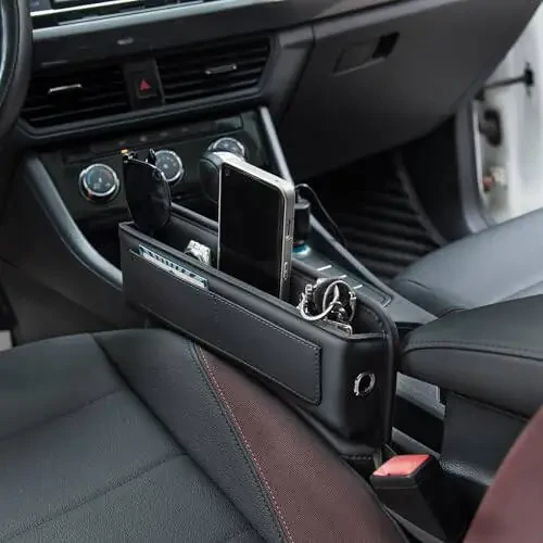 ALIOBC Car Seat Gap Filler Organizer Car Storage Organizer Car Accessories for Women/Men Interior Premium Leather Keeps Phone/Keys/Wallets (Black, 1 Pack) - 7