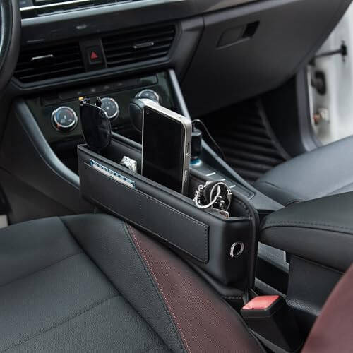 ALIOBC Car Seat Gap Filler Organizer Car Storage Organizer Car Accessories for Women/Men Interior Premium Leather Keeps Phone/Keys/Wallets (Black, 1 Pack) - 7