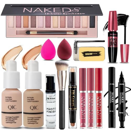 All-in-One Makeup Kit for Women, Full Kit, 12 Colors Eyeshadow, Foundation & Primer, Lipsticks, Eyeliner, Mascara, Contour Stick, Brow Soap, Makeup Brush & Sponge, Makeup Gift Set for Women, Teens - 1