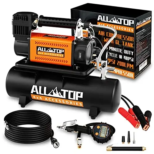 ALL-TOP havo kompressori 6L bak to'plami, 12V portativ inflator va moylanmagan po'lat bak 6 litr, yo'ltanlamas havo kompressori yuk mashinalari shinalari uchun, SUV 4x4 avtomobil RV shinalari uchun og'ir yuk havo pompasi Maks 150PSI - 1