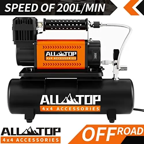 ALL-TOP havo kompressori 6L bak to'plami, 12V portativ inflator va moylanmagan po'lat bak 6 litr, yo'ltanlamas havo kompressori yuk mashinalari shinalari uchun, SUV 4x4 avtomobil RV shinalari uchun og'ir yuk havo pompasi Maks 150PSI - 2