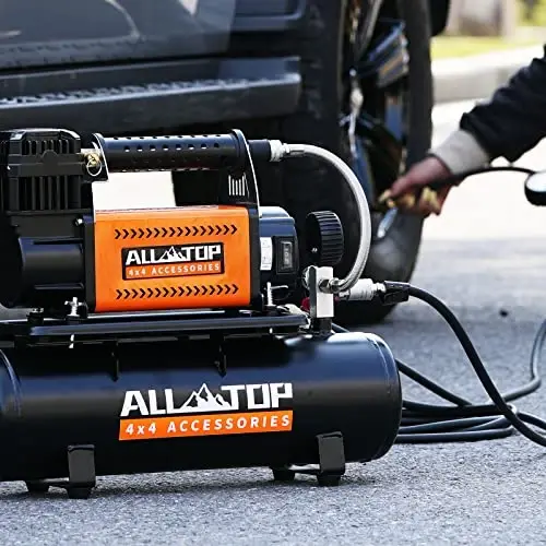 ALL-TOP havo kompressori 6L bak to'plami, 12V portativ inflator va moylanmagan po'lat bak 6 litr, yo'ltanlamas havo kompressori yuk mashinalari shinalari uchun, SUV 4x4 avtomobil RV shinalari uchun og'ir yuk havo pompasi Maks 150PSI - 5