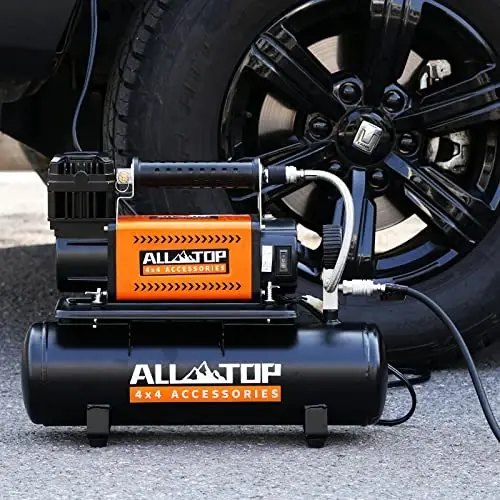 ALL-TOP havo kompressori 6L bak to'plami, 12V portativ inflator va moylanmagan po'lat bak 6 litr, yo'ltanlamas havo kompressori yuk mashinalari shinalari uchun, SUV 4x4 avtomobil RV shinalari uchun og'ir yuk havo pompasi Maks 150PSI - 6