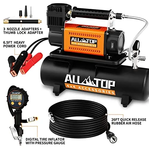 ALL-TOP havo kompressori 6L bak to'plami, 12V portativ inflator va moylanmagan po'lat bak 6 litr, yo'ltanlamas havo kompressori yuk mashinalari shinalari uchun, SUV 4x4 avtomobil RV shinalari uchun og'ir yuk havo pompasi Maks 150PSI - 3
