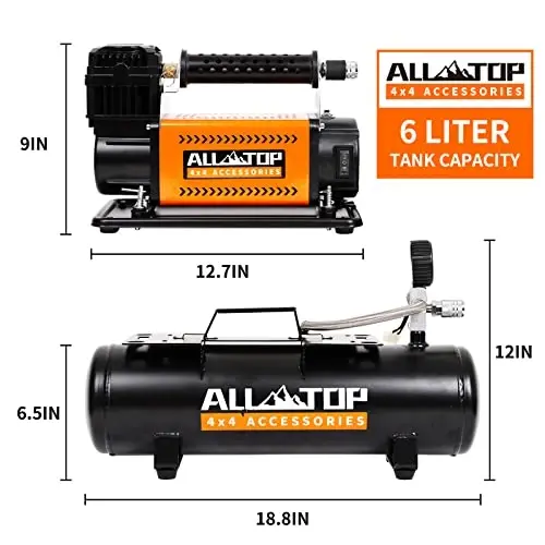ALL-TOP havo kompressori 6L bak to'plami, 12V portativ inflator va moylanmagan po'lat bak 6 litr, yo'ltanlamas havo kompressori yuk mashinalari shinalari uchun, SUV 4x4 avtomobil RV shinalari uchun og'ir yuk havo pompasi Maks 150PSI - 4