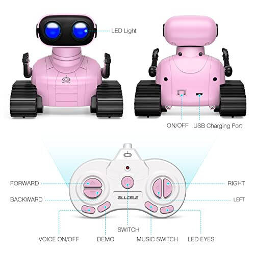 ALLCELE Kız Robot Oyuncak, Şarj Edilebilir RC Robot Çocuklar İçin, Müzikli ve LED Gözlü Uzaktan Kumandalı Oyuncak, 3 Yaş ve Üzeri Çocuklar İçin Hediye - Pembe - 5