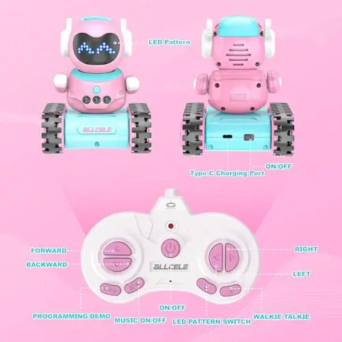 ALLCELE LED RC Robot Toys for Girls with Walkie Talkie, Programming, Music, Demo and LED Function, Remote Control Robot Toy, Gift for Girls 3-8 Years Old Blue Pink - 7