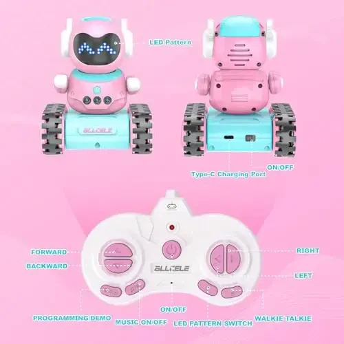 ALLCELE LED RC Robot Toys for Girls with Walkie Talkie, Programming, Music, Demo and LED Function, Remote Control Robot Toy, Gift for Girls 3-8 Years Old Blue Pink - 7
