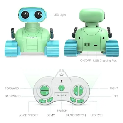 ALLCELE Robot oʻyinchoqlar, bolalar uchun qayta zaryadlanuvchi RC robotlar, musiqa va LED koʻzli masofadan boshqarish pulti oʻyinchoq, bolalar uchun ideal sovgʻa - Yashil Moviy - 5