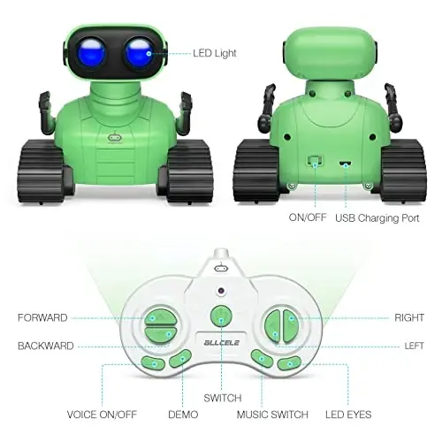 ALLCELE Robot o'yinchoqlari, O'g'il va qizlar uchun qayta zaryadlanuvchi RC robot, Musiqa va LED ko'zlari bilan masofadan boshqarish pulti o'yinchoq, 3 yosh va undan katta bolalar uchun sovg'a - Yashil - 5