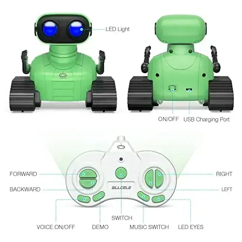 ALLCELE Robot o'yinchoqlari, O'g'il va qizlar uchun qayta zaryadlanuvchi RC robot, Musiqa va LED ko'zlari bilan masofadan boshqarish pulti o'yinchoq, 3 yosh va undan katta bolalar uchun sovg'a - Yashil - 5