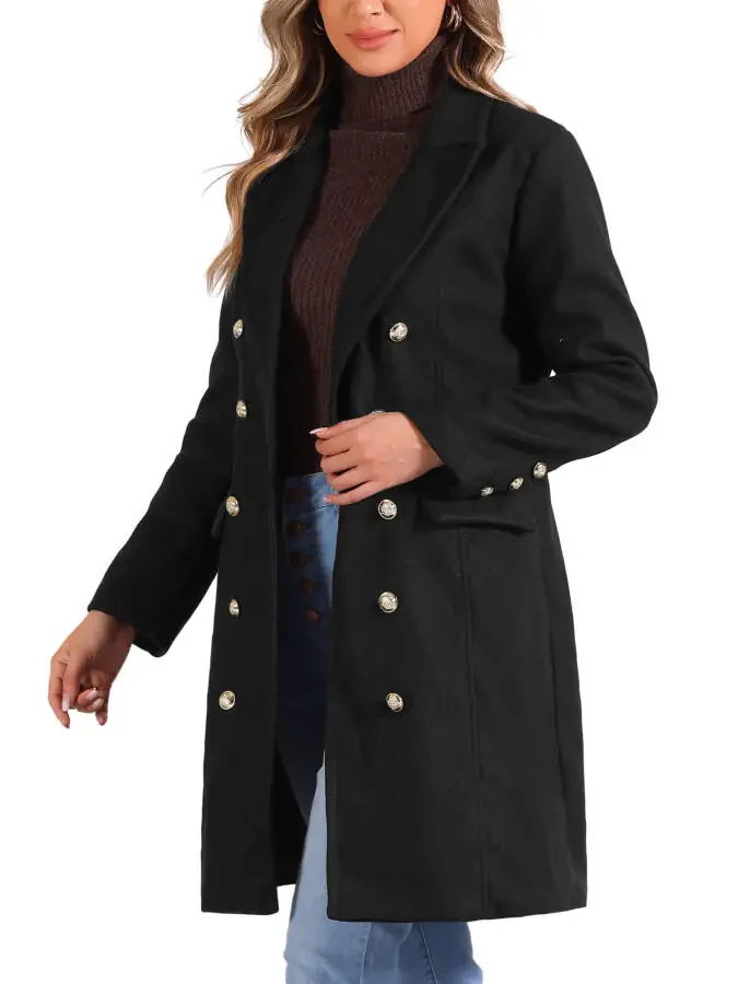 Allegra K ayollar uchun Pea Coat, tishli yoqali, ikki qatorli, o'rta uzunlikdagi qishki iliq palto - 4