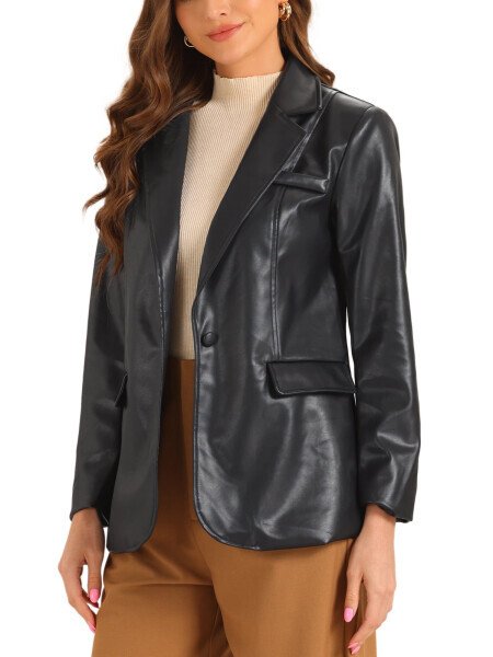 Allegra K Faux Leather Blazer for Women's Lapel Collar PU Moto Biker Jackets - 3