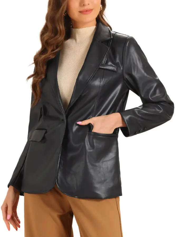 Allegra K Faux Leather Blazer for Women's Lapel Collar PU Moto Biker Jackets - 5