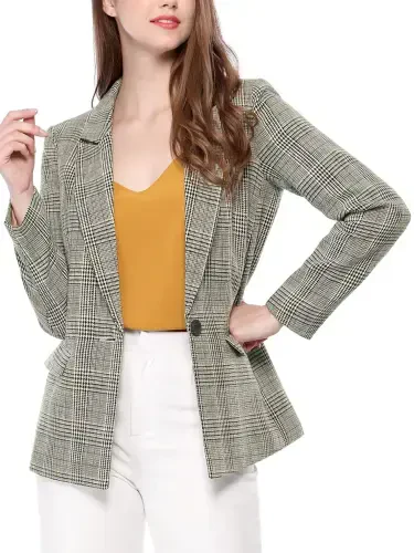 INSPIRE CHIC Women's Blazers Notched Lapel Long Sleeve One Button Plaid Blazer M Black- - INSPIRE CHIC (1)