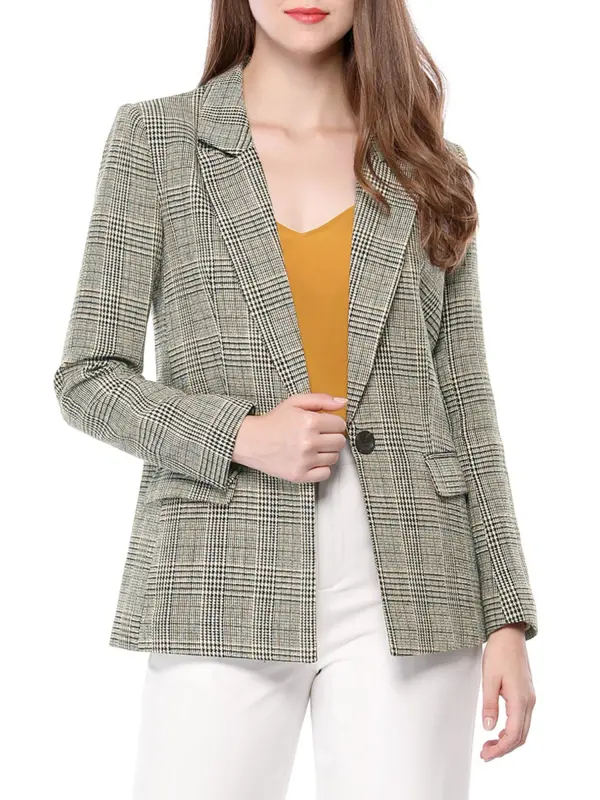 INSPIRE CHIC Women's Blazers Notched Lapel Long Sleeve One Button Plaid Blazer Black M- - 1