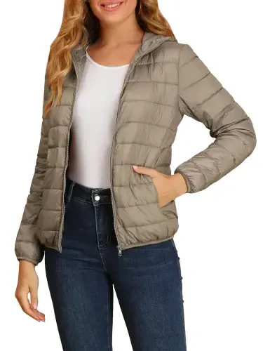 INSPIRE CHIC Women's Hooded Long Sleeves Zip Up Lightweight Packable Puffer Jacket M Khaki- - INSPIRE CHIC (1)