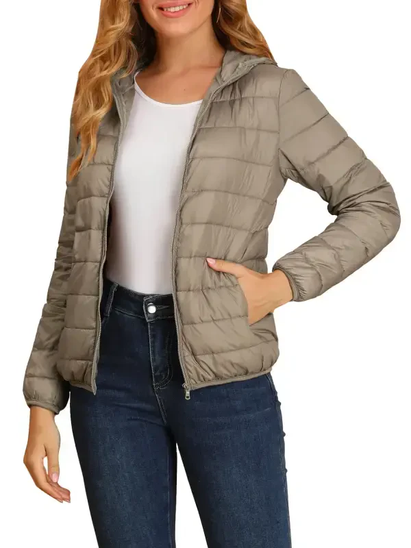 INSPIRE CHIC Women's Hooded Long Sleeves Zip Up Lightweight Packable Puffer Jacket M Khaki- - 2