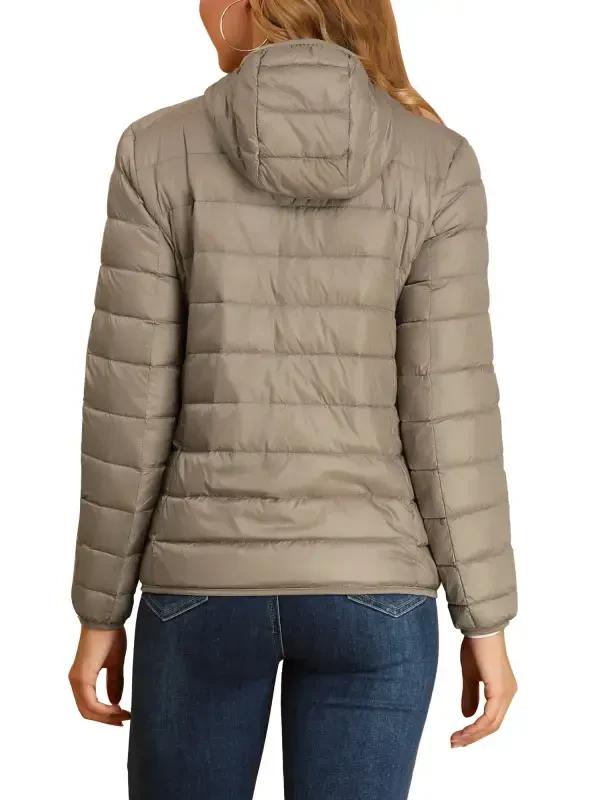 INSPIRE CHIC Women's Hooded Long Sleeves Zip Up Lightweight Packable Puffer Jacket M Khaki- - 4