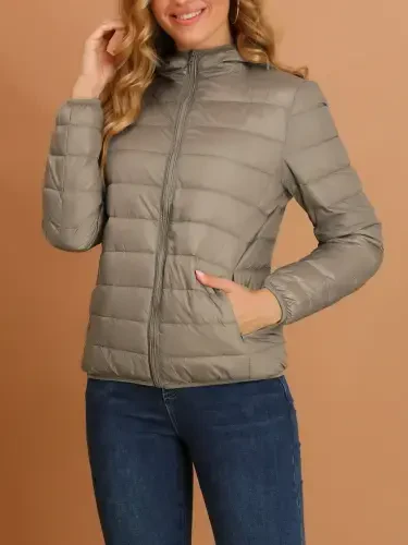 INSPIRE CHIC Women's Hooded Long Sleeves Zip Up Lightweight Packable Puffer Jacket M Khaki- - 6