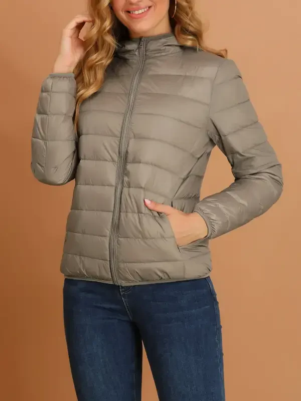 INSPIRE CHIC Women's Hooded Long Sleeves Zip Up Lightweight Packable Puffer Jacket M Khaki- - 6