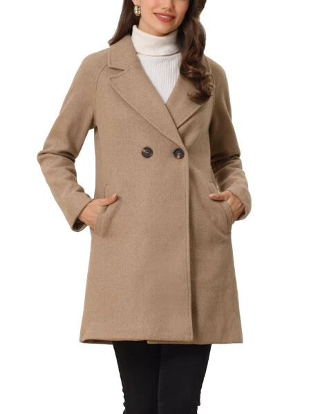 Allegra K Women's Double Breasted Lapel Raglan Long Sleeve Mid Length Overcoat XS Dark Khaki- - 1