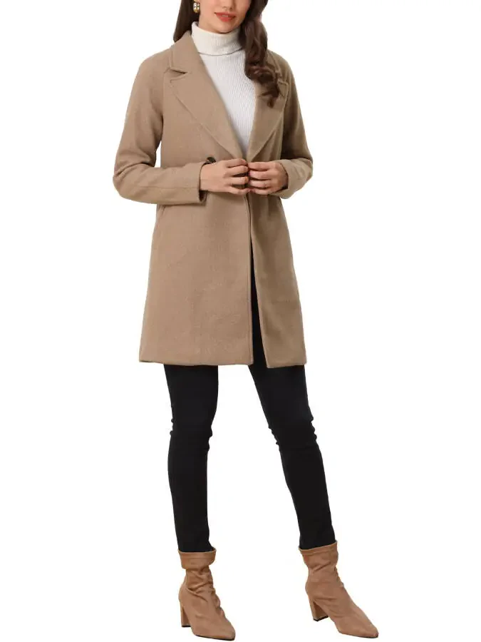 Allegra K Women's Double Breasted Lapel Raglan Long Sleeve Mid Length Overcoat XS Dark Khaki- - 2