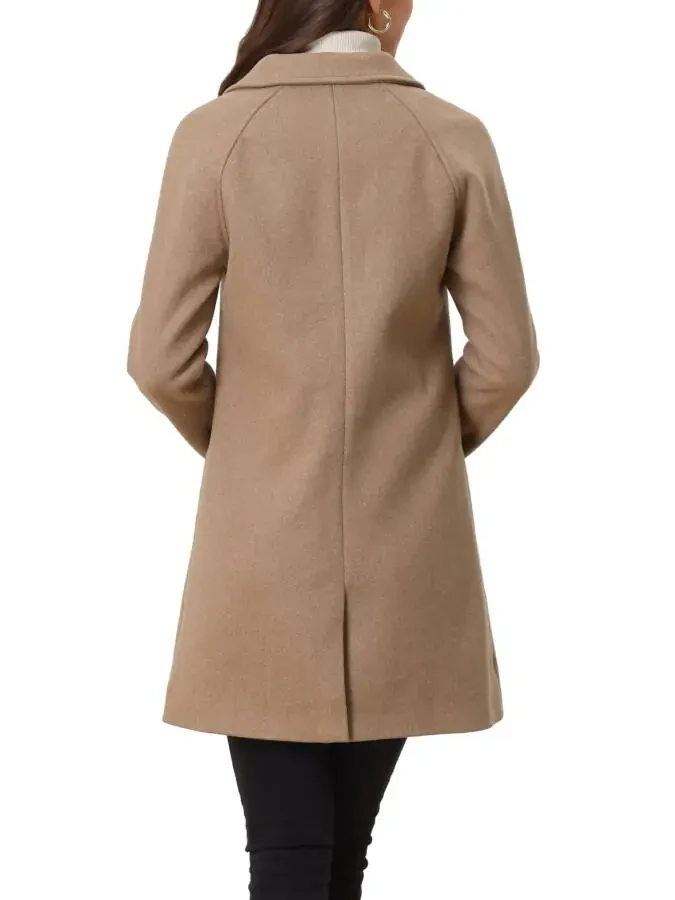 Allegra K Women's Double Breasted Lapel Raglan Long Sleeve Mid Length Overcoat XS Dark Khaki- - 3