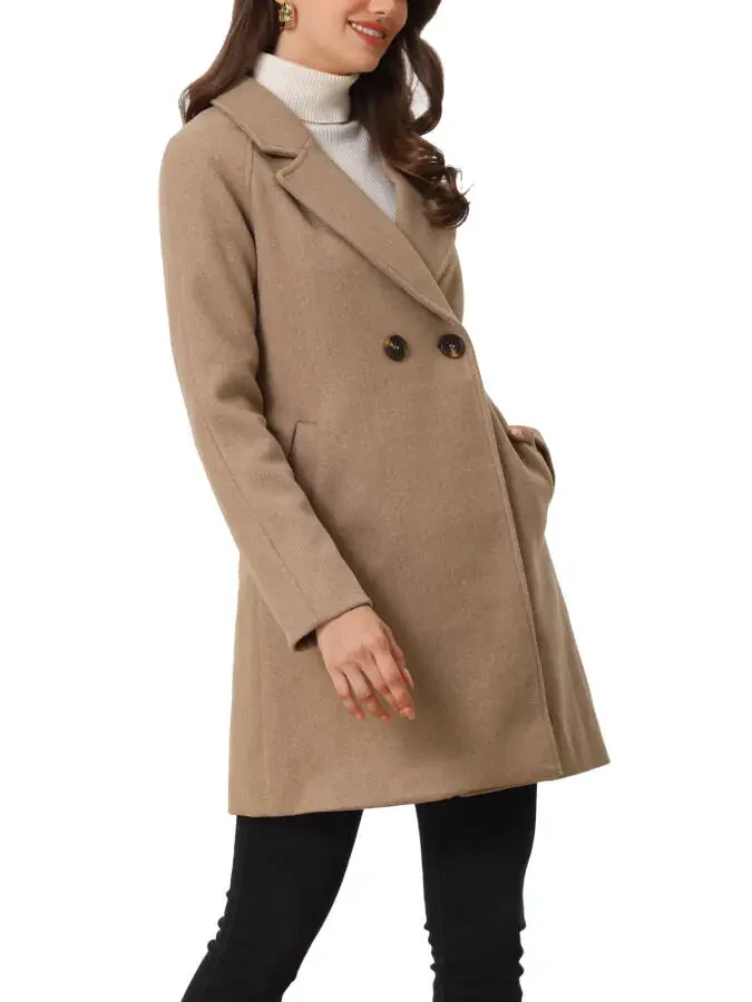 Allegra K Women's Double Breasted Lapel Raglan Long Sleeve Mid Length Overcoat XS Dark Khaki- - 4