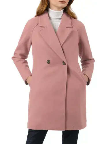Allegra K Women's Double Breasted Lapel Raglan Long Sleeve Mid Length Overcoat XS Dark Pink- - 3