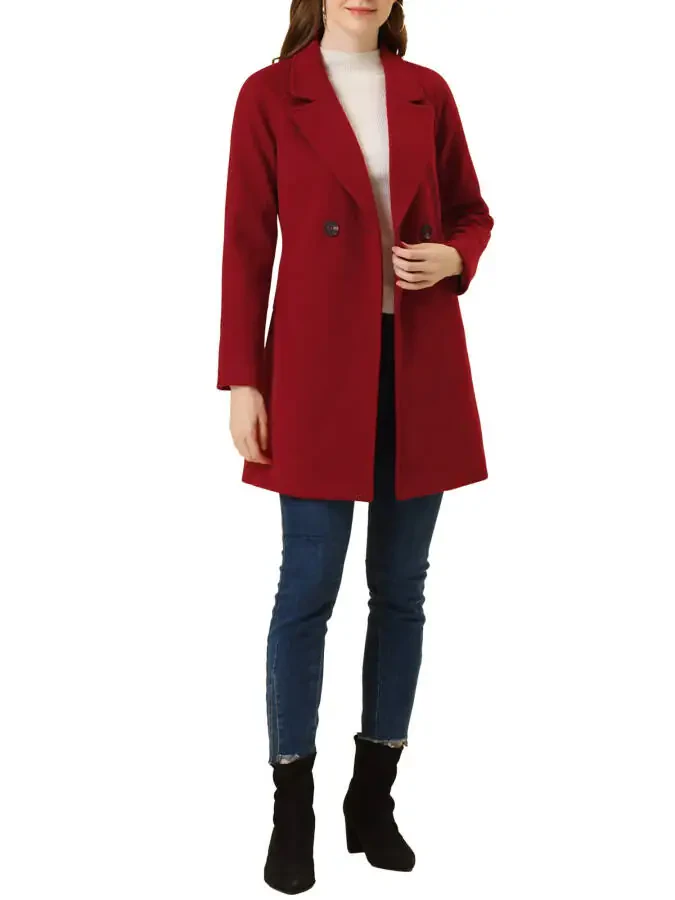 Allegra K Women's Double Breasted Lapel Raglan Long Sleeve Mid Length Overcoat XL Dark Red- - 2