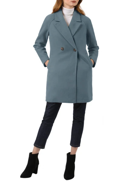 Allegra K Women's Double Breasted Lapel Raglan Long Sleeve Mid Length Overcoat M Dusty Blue- - Modazone