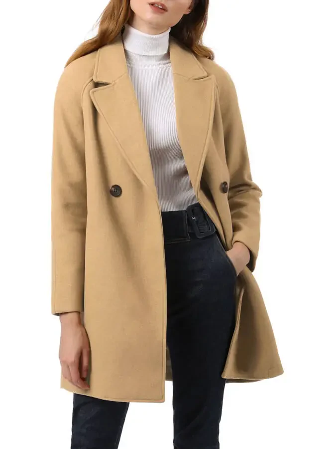 Allegra K Women's Double Breasted Lapel Raglan Long Sleeve Mid Length Overcoat XL Khaki- - 2