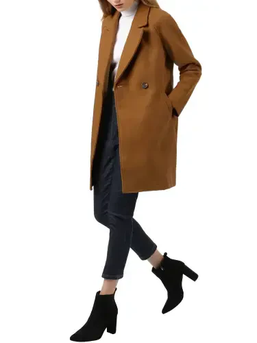 Allegra K Women's Double Breasted Lapel Raglan Long Sleeve Mid Length Overcoat XS Brown- - 7