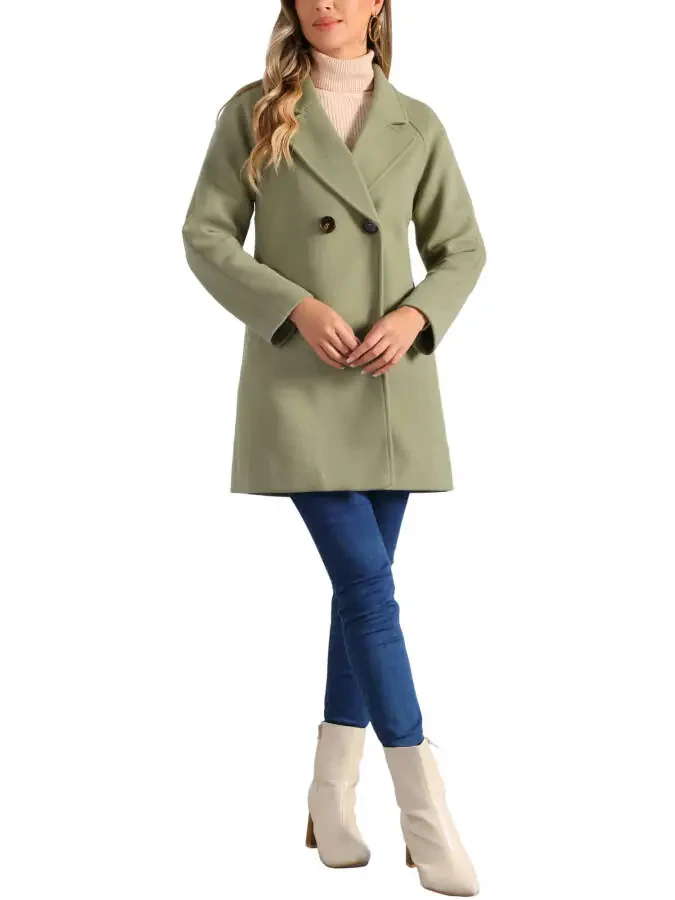 Allegra K Women's Double Breasted Lapel Raglan Long Sleeve Mid Length Overcoat S Pea Green- - 2