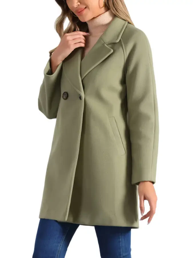 Allegra K Women's Double Breasted Lapel Raglan Long Sleeve Mid Length Overcoat S Pea Green- - 4